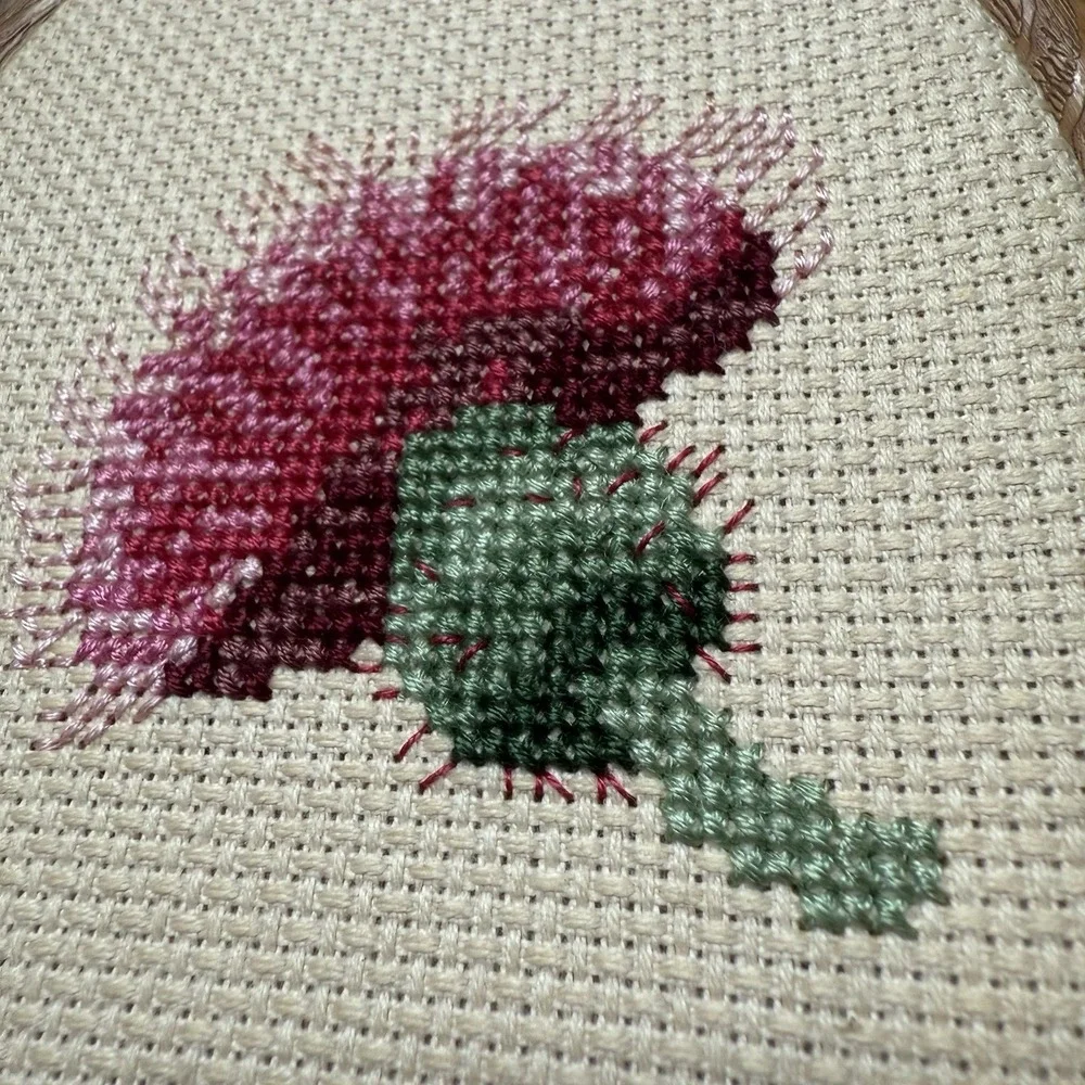 Vintage Framed Cross Stitch Simple Pink Flower  4.5